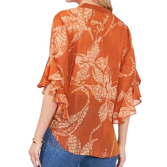 Vince Camuto Pintuck Ruffle Cuff Blouse Rust Leaf Pattern Subtle Sparkle Size L - Picture 4 of 12
